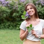 smiley woman with lavender bouquet